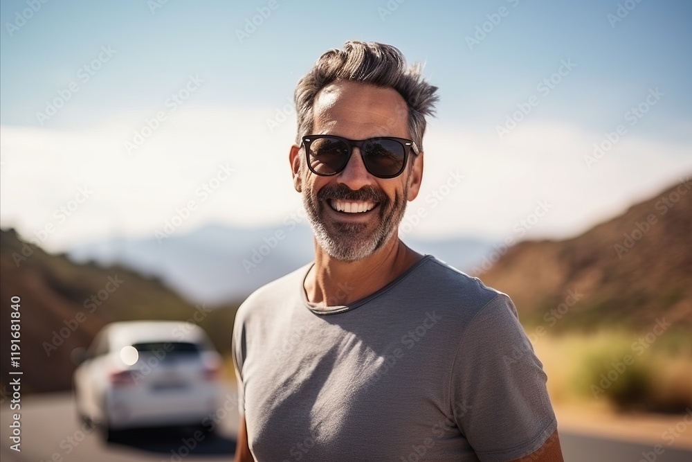 Portrait of a smiling middle-aged man with sunglasses on the road Portrait of a smiling middle-aged man with sunglasses on the road