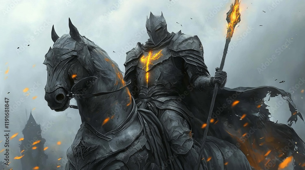 Fototapeta premium Knight in glowing armor on a horse, holding a fiery staff in a mystical setting.