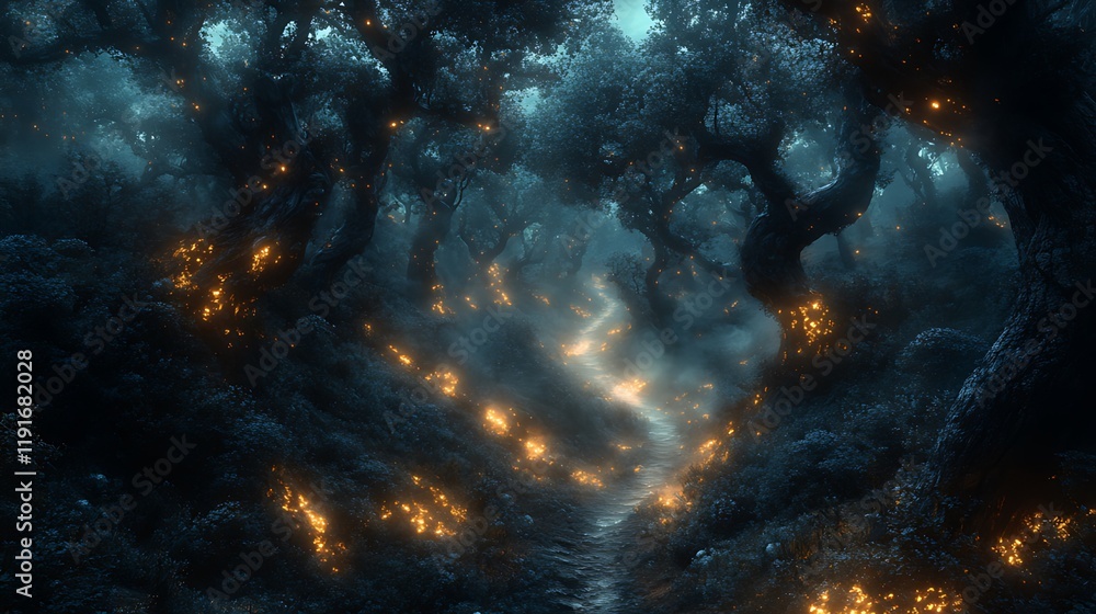 Enchanted forest path, glowing lights, misty night, fantasy game background Enchanted forest path, glowing lights, misty night, fantasy game background