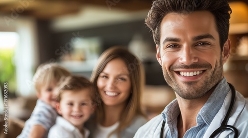 Family, Healthcare, And Peace Of Mind Doctor Standing In Front Of Smiling Family At Home