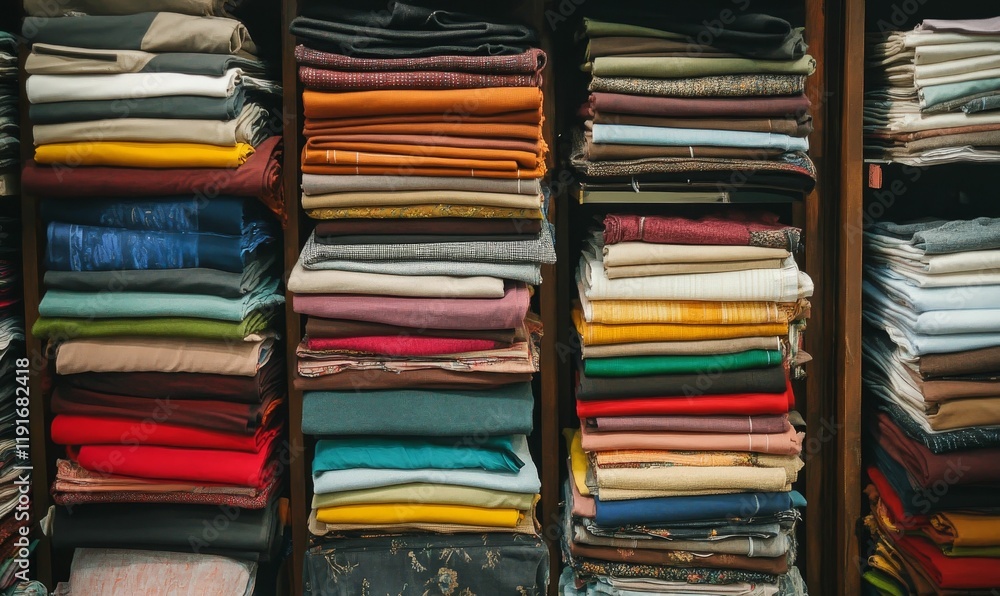 Neatly stacked fabric bolts, various colors, textures. Neatly stacked fabric bolts, various colors, textures.