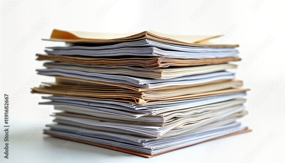 High stack of papers, documents. Office papers stacked on desk. Messy paperwork pile shows heavy workload. Business documents accounting files likely await organization. White background isolates High stack of papers, documents. Office papers stacked on desk. Messy paperwork pile shows heavy workload. Business documents accounting files likely await organization. White background isolates