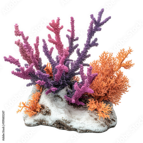 a vibrant display of coral formations. featuring purple and orange corals arranged on a textured base. highlighting the beauty of underwater ecosystems this artistic representation emphasizes the impo photo