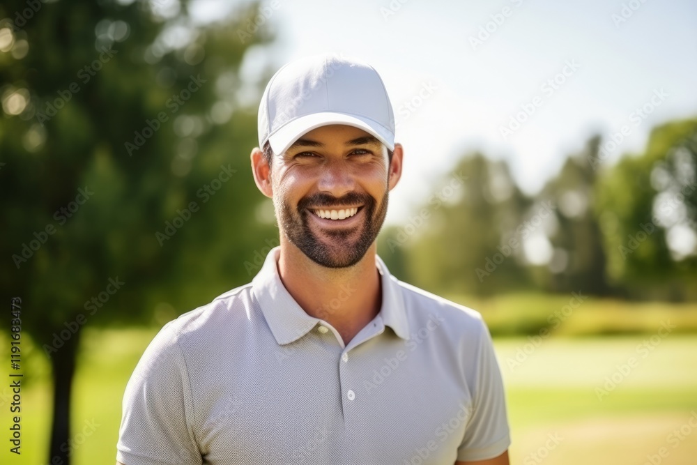 Portrait of a smiling male golfer standing in a golf course Portrait of a smiling male golfer standing in a golf course