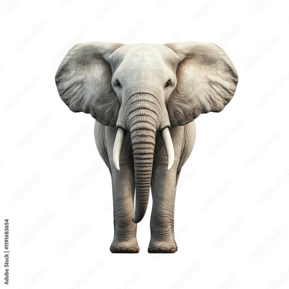 Obraz premium realistic 3d rendering of an elephant. showcasing its large ears. long trunk. and tusks against a plain white background the depiction emphasizes the majestic and gentle nature of elephants. making it