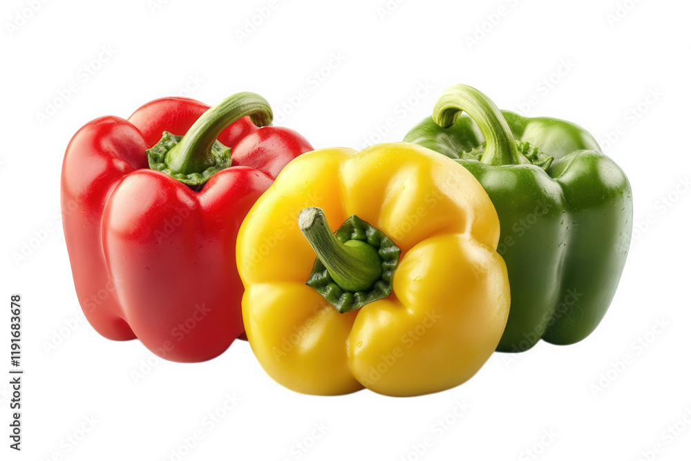 three bell peppers in vibrant colors red. yellow. and green. arranged closely together they are fresh and glossy. set against a plain white background. emphasizing their natural appeal and promoting h three bell peppers in vibrant colors red. yellow. and green. arranged closely together they are fresh and glossy. set against a plain white background. emphasizing their natural appeal and promoting h