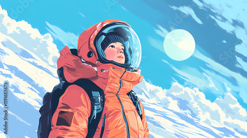 There is a cartoon image of a person in a snow suit. Skyweave. Illustration photo