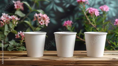 Wallpaper Mural Three white paper cups on a wooden table against the background of flowers Torontodigital.ca