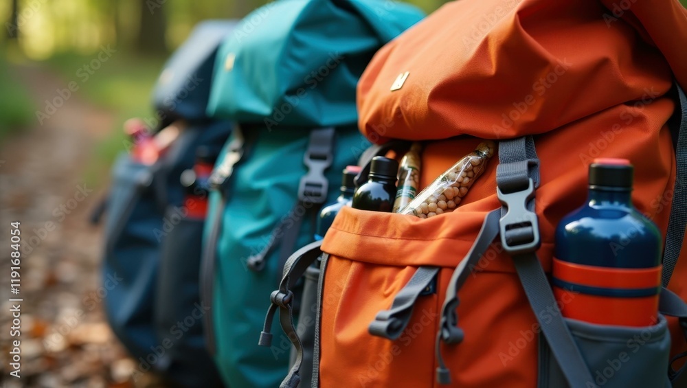 Backpacks filled with essentials such as water bottles and trail snacks securely fastened, Professional stock photo, AI generated photograph Backpacks filled with essentials such as water bottles and trail snacks securely fastened, Professional stock photo, AI generated photograph