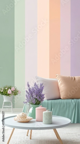 Retro Pastel Stripe Design in Mint Green, Lavender, and Peach with a Minimalist 70s and 80s Aesthetic photo