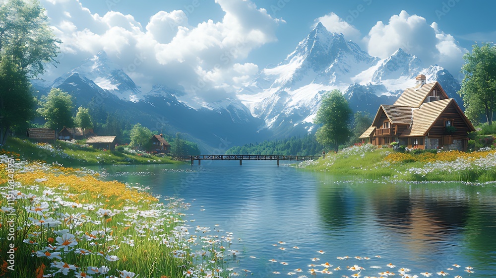 Fototapeta premium Alpine village, lake, flowers, bridge, mountains, summer, idyllic, scenic, postcard, tourism