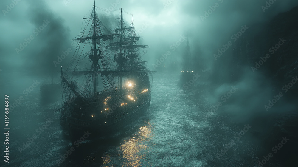 Mysterious ship sailing through a fog-covered sea, illuminated by dim lights in a fantasy world Mysterious ship sailing through a fog-covered sea, illuminated by dim lights in a fantasy world