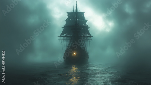 Mysterious ship sails through dense fog on a dark, enchanted evening in a fantasy world