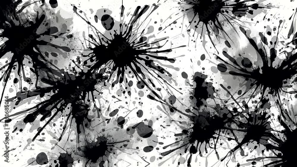 A dynamic abstract design featuring black ink splatters on a white background.