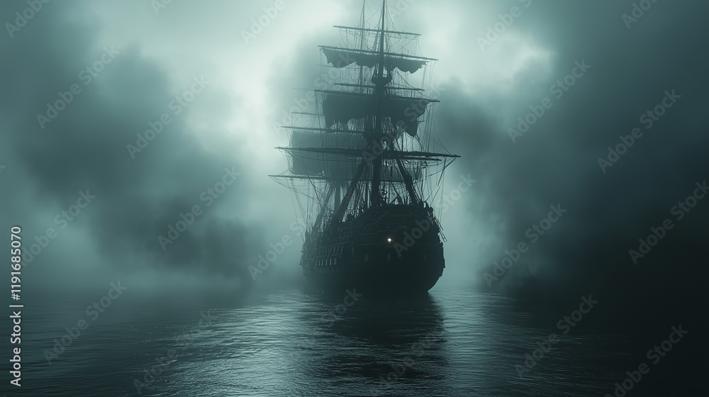 Mysterious ship emerges through dense fog on a calm sea at dusk, embodying a haunting maritime legend