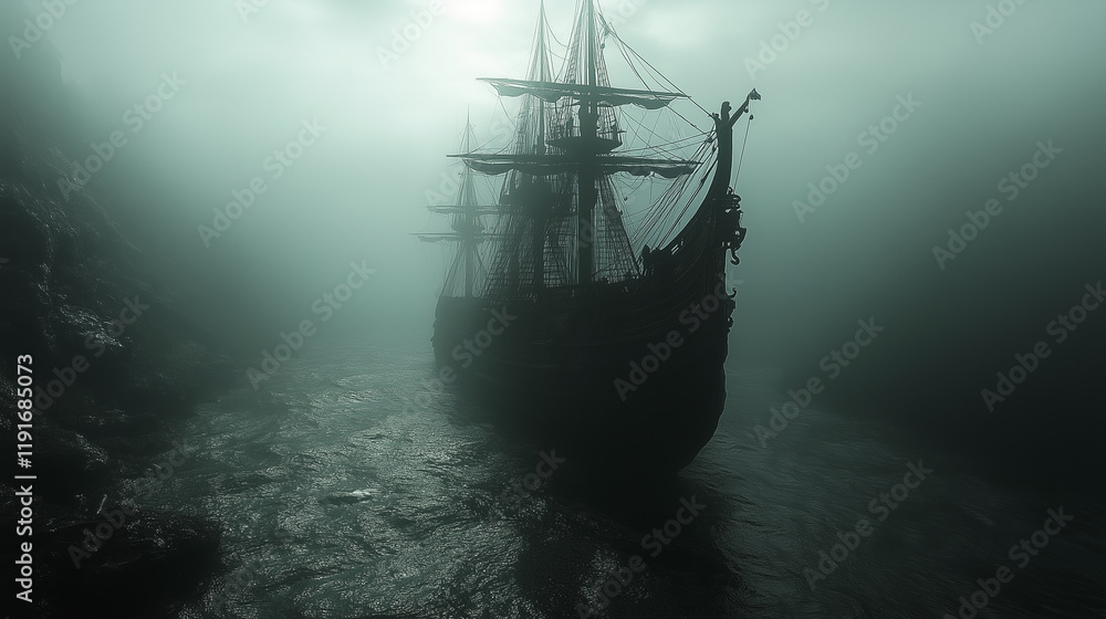 Mysterious ship adrift in a foggy fantasy realm, evoking tales of adventure and ancient mariners under a mystical sky Mysterious ship adrift in a foggy fantasy realm, evoking tales of adventure and ancient mariners under a mystical sky
