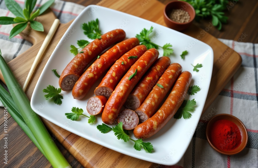Fried meat sausages on white plate. Top view of cooked sausages. Fresh herbs like parsley decorate dish. Sausages golden brown, look delicious. Possibly served as BBQ meal. Food photo for stock Fried meat sausages on white plate. Top view of cooked sausages. Fresh herbs like parsley decorate dish. Sausages golden brown, look delicious. Possibly served as BBQ meal. Food photo for stock