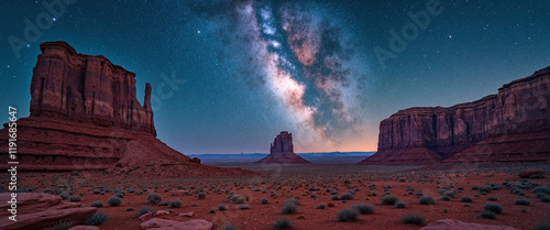 Majestic rock formations under a starry night sky showcasing the Milky Way's beauty with serene desert scenery representing a tranquil and sacred ambiance photo