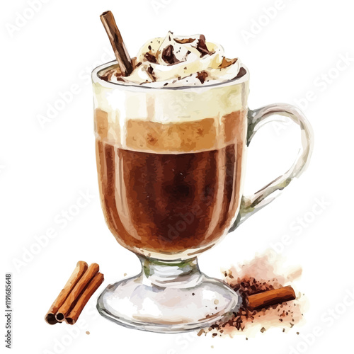 A watercolor painting of a choco chai latte, isolated on a white background. Choco Chai Latte vector.
