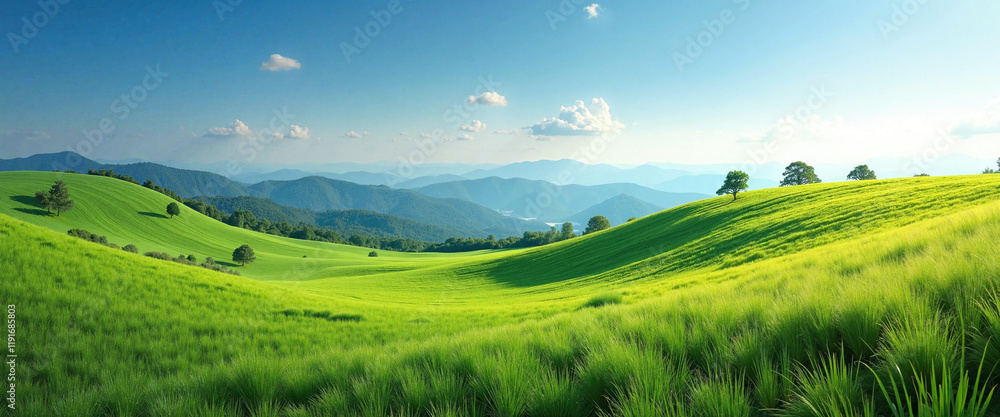 Obraz premium Lush Green Rolling Hills Under Clear Blue Sky Evoking Serenity and Connection to Nature