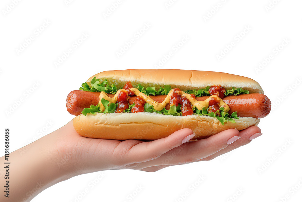 a hand holds a hot dog in a bun. topped with lettuce. mustard. and ketchup. against a white background. emphasizing the food's appeal a hand holds a hot dog in a bun. topped with lettuce. mustard. and ketchup. against a white background. emphasizing the food's appeal