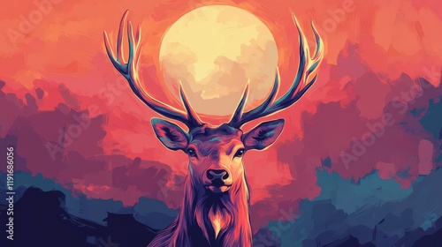 Majestic Deer Stands Before Sunset Moon