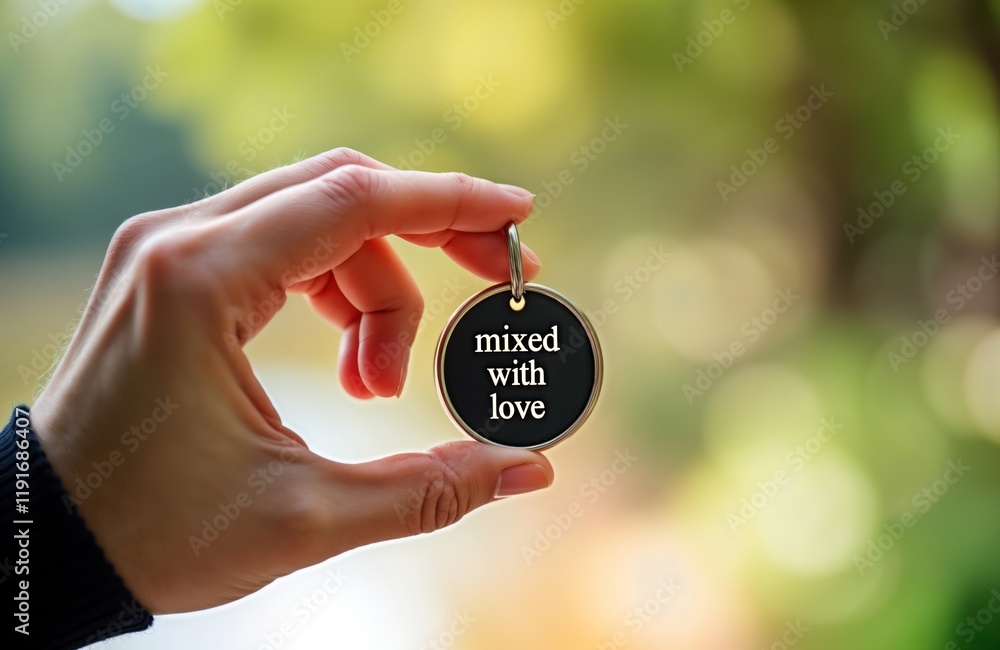 Hand holds round keychain with words Mixed with Love. Simple design. Background out of focus green, yellow. Image close up shot. Great photo for business personal use. Suitable for social media posts Hand holds round keychain with words Mixed with Love. Simple design. Background out of focus green, yellow. Image close up shot. Great photo for business personal use. Suitable for social media posts