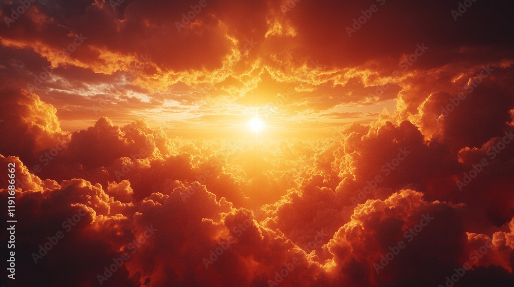 Fototapeta premium Vivid sun rays pierce through ominous storm clouds, bringing light to darkness, symbolizing hope, resilience, and the triumph of positivity over chaos with a blurred tone and a bright backdrop