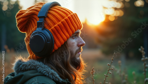 Person listens to music outdoors. Nature surrounds person. Person wears bright orange beanie, big headphones. Sun sets in background. Calm, peaceful moment in nature. Person enjoys sounds of nature. photo