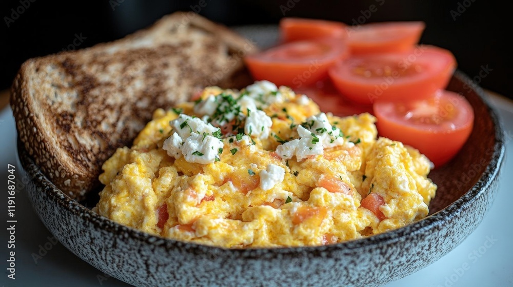 Aromatic Scrambled Eggs with Feta, Tomatoes, and Toast for a Delicious Breakfast Aromatic Scrambled Eggs with Feta, Tomatoes, and Toast for a Delicious Breakfast