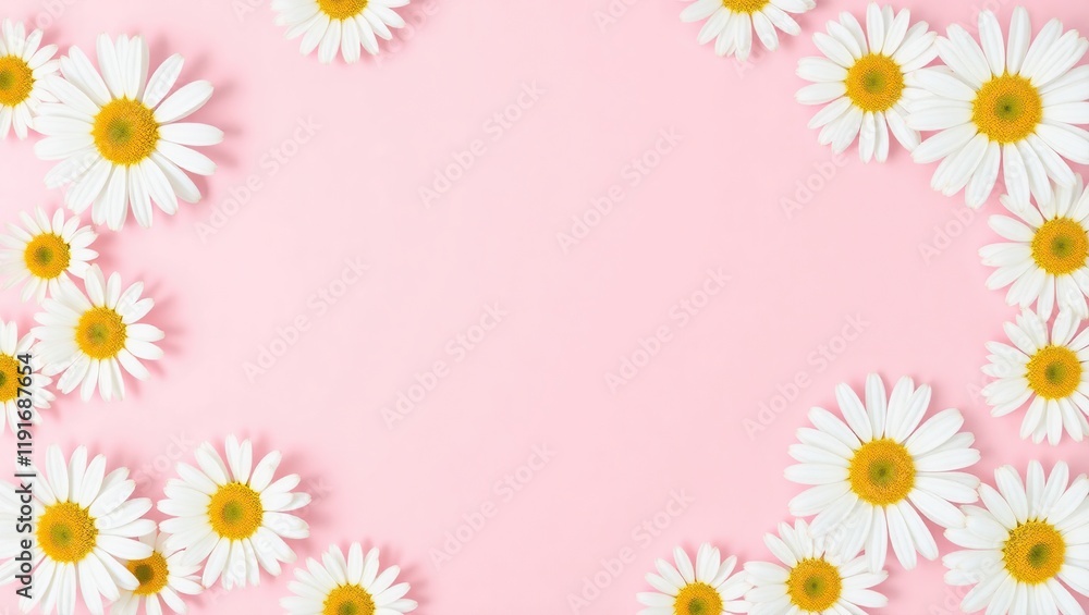Daisies arranged around a pink background forming a frame Daisies arranged around a pink background forming a frame