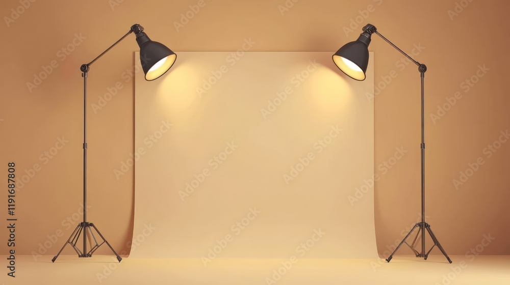 Studio Set Up: Two professional-grade lamps illuminate a large paper backdrop, creating a clean and well-lit studio space, ready for any photography or videography project. Studio Set Up: Two professional-grade lamps illuminate a large paper backdrop, creating a clean and well-lit studio space, ready for any photography or videography project.