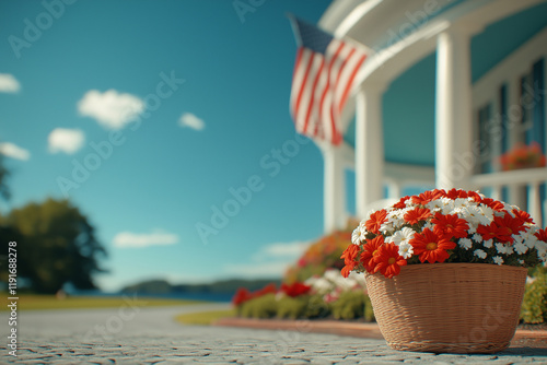 Flag waving in the wind with vibrant flowers and a beautiful blue sky in the background