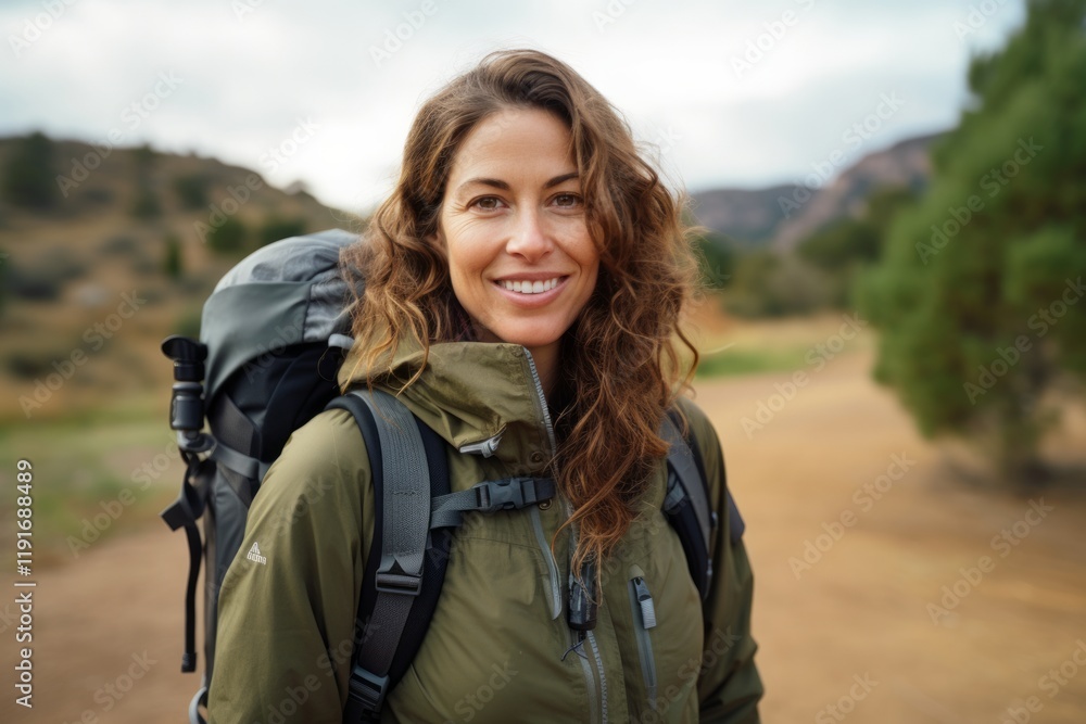 Portrait of smiling woman with backpack standing on a mountain trail. Portrait of smiling woman with backpack standing on a mountain trail.