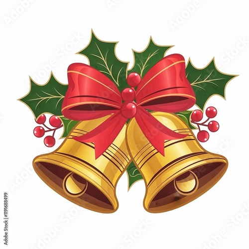 Two golden bells adorned with holly leaves, red berries, and red bows, symbolizing traditional Christmas decorations. Isolated on white background