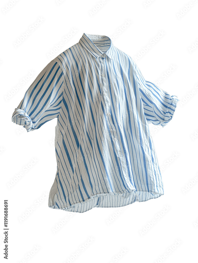 Obraz premium Stylish blue and white striped shirt hanging against a neutral background, showcasing modern casual fashion trends