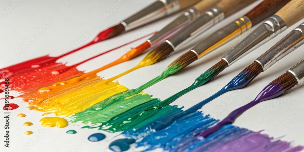 Obraz premium Colorful paint strokes and brushes arranged artistically on a canvas in a vibrant display of creativity