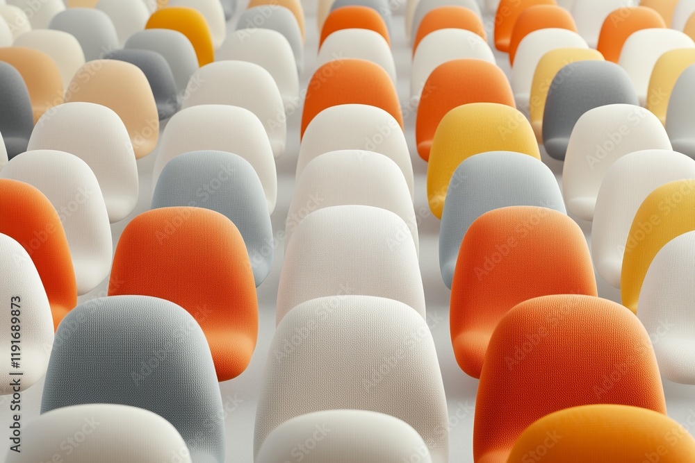 Obraz premium A meticulously crafted 3D rendering showcasing rows of modern, minimalist chairs in a dynamic palette of orange, white, and soft gray hues.