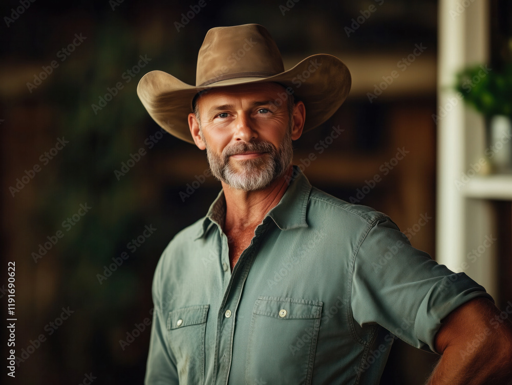 A Confident Farmer in a Cowboy Hat: A Portrait of Resilience and Strength in Weathered Attire A Confident Farmer in a Cowboy Hat: A Portrait of Resilience and Strength in Weathered Attire