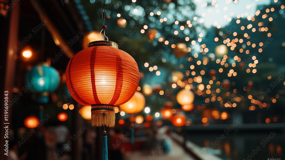 Chinese New Year celebration features colorful lanterns illuminating the festive atmosphere by a river Chinese New Year celebration features colorful lanterns illuminating the festive atmosphere by a river