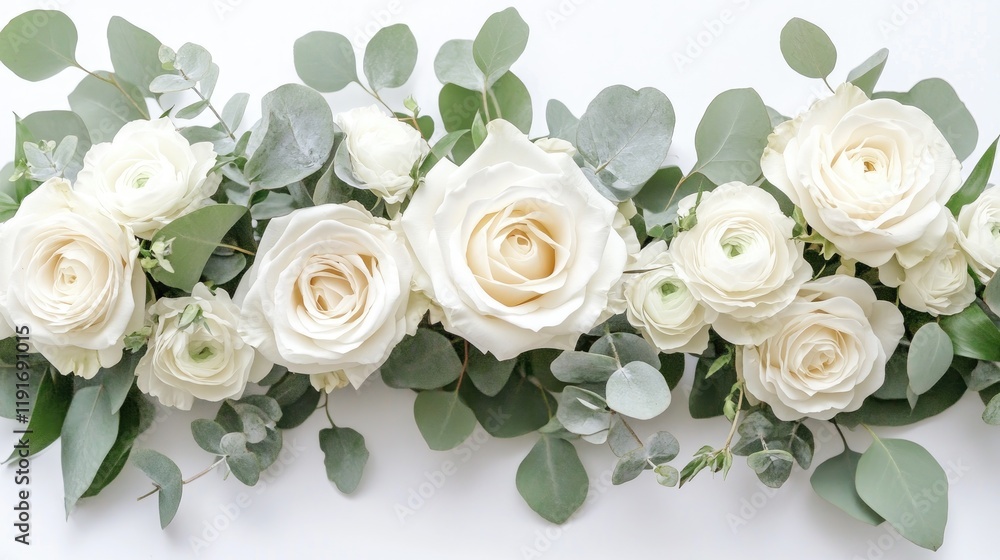 Fresh white roses and eucalyptus leaves complement an elegant wedding invitation in soft natural light Fresh white roses and eucalyptus leaves complement an elegant wedding invitation in soft natural light