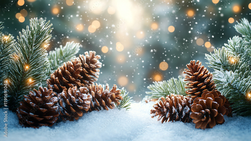 A serene winter landscape with sparkling snow, delicate pine tree branches, pine cones, and soft glittering lights in the background, creating a peaceful, festive atmosphere for the holiday season
A serene winter landscape with sparkling snow, delicate pine tree branches, pine cones, and soft glittering lights in the background, creating a peaceful, festive atmosphere for the holiday season