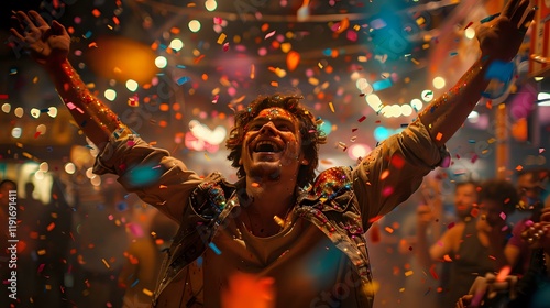 Joyful young Hispanic man celebrating at night party with arms raised amid falling confetti and colorful bokeh lights, perfect for lifestyle, entertainment and celebration themes. photo