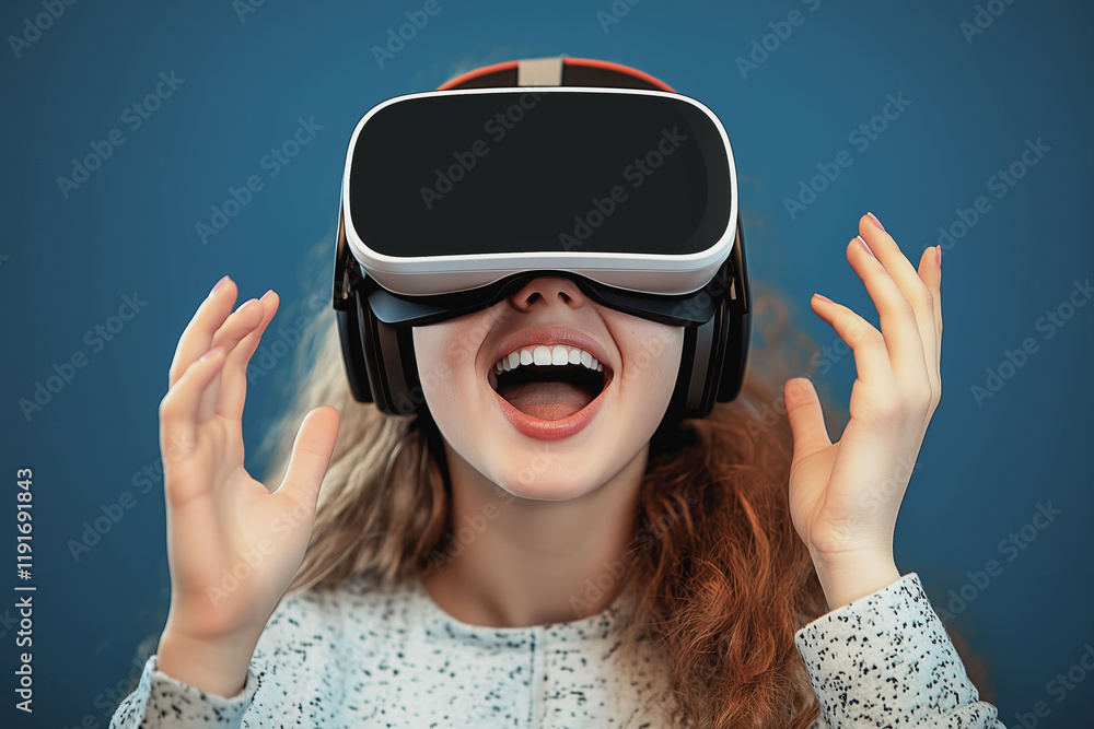 woman with VR headset with mouth open and hands raised in excitement. young female enjoying with VR headset. techonoly,media,entertainment. woman with VR headset with mouth open and hands raised in excitement. young female enjoying with VR headset. techonoly,media,entertainment.