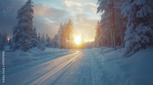 Golden Sunrise Over Snowy Cross Country Ski Trail Through a Finnish Winter Wonderland photo