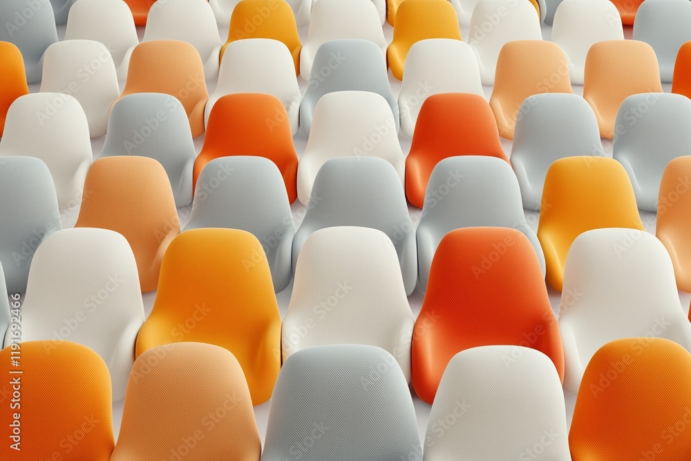 Obraz premium A meticulously crafted 3D rendering showcasing rows of modern, minimalist chairs in a dynamic palette of orange, white, and soft gray hues.