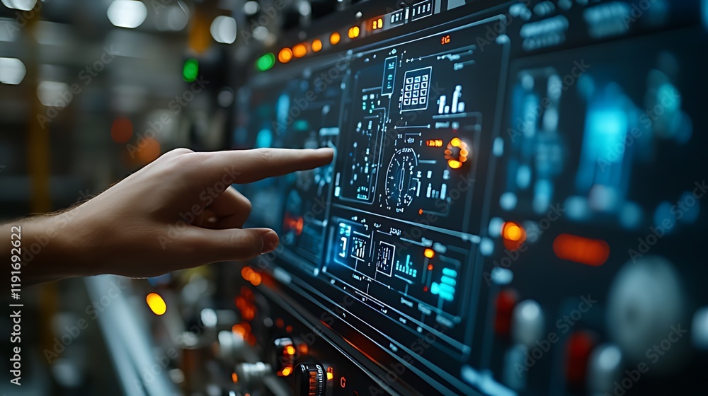 Obraz premium Factory worker controls digital interface; blurred background