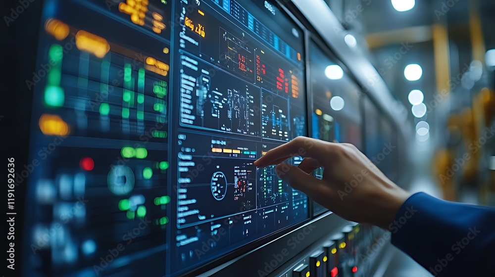 Factory worker monitoring industrial process control screen Factory worker monitoring industrial process control screen