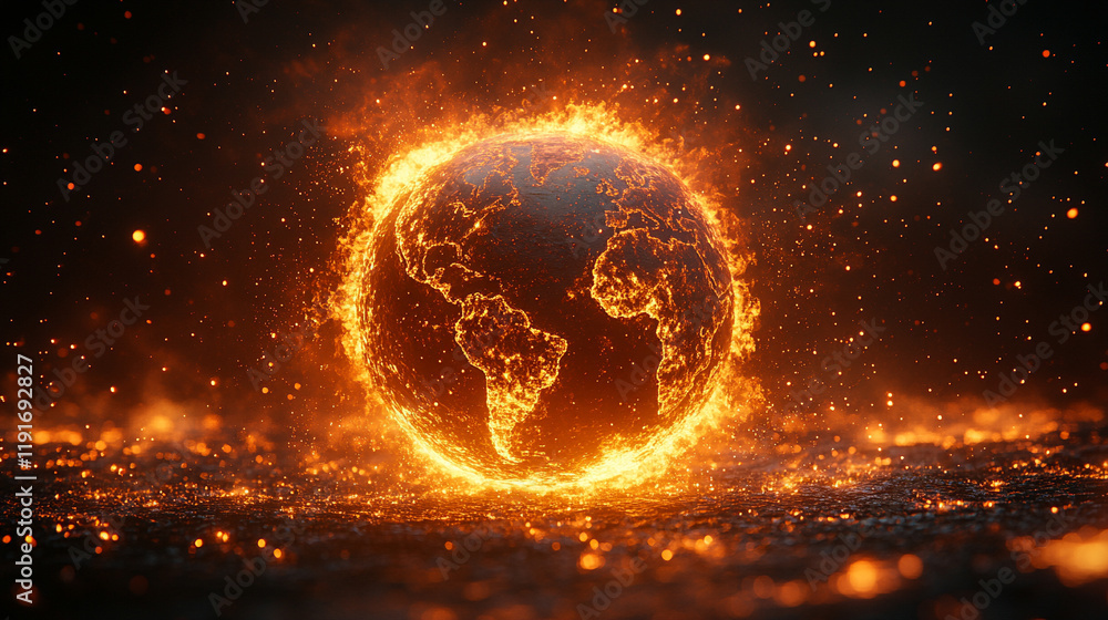 A 3D Planet Earth globe burning, symbolizing destruction by fire, conceptual illustration of global warming, climate change, temperature rise, and the world overheating in a chaotic environment with a A 3D Planet Earth globe burning, symbolizing destruction by fire, conceptual illustration of global warming, climate change, temperature rise, and the world overheating in a chaotic environment with a