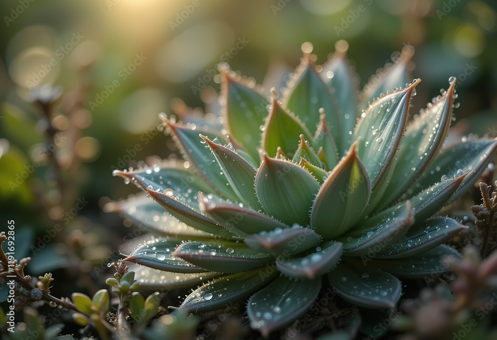A close-up view of a succulent plant covered in morning dew, bathed in soft sunlight. A close-up view of a succulent plant covered in morning dew, bathed in soft sunlight.